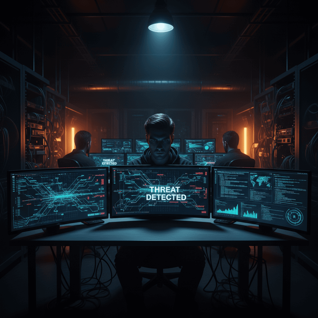 Cybersecurity operations center with illuminated monitoring dashboards